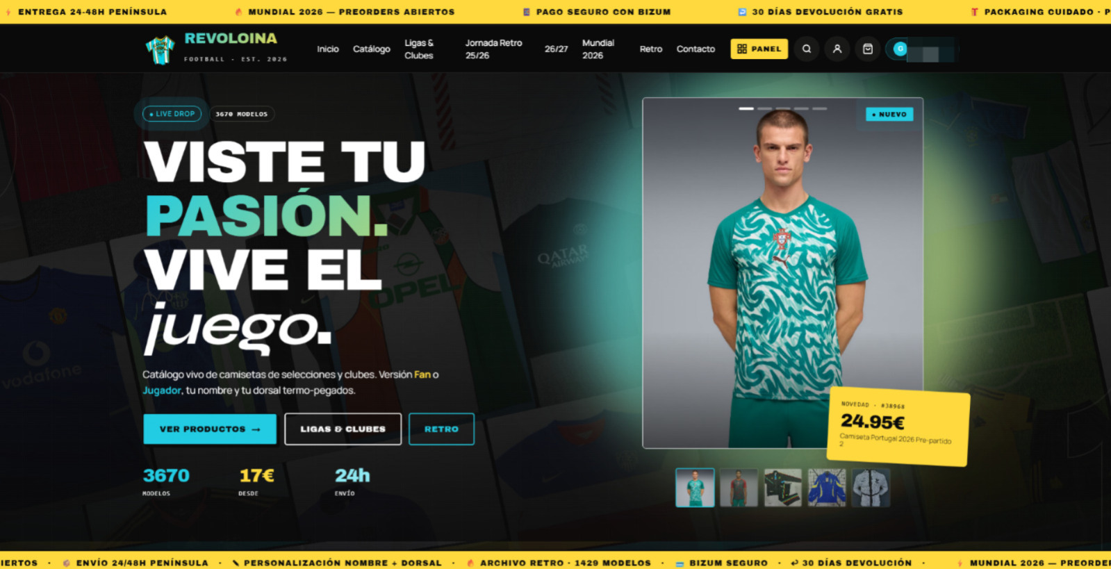 Tienda online a medida para ropa · hero con producto destacado, catálogo y carrito